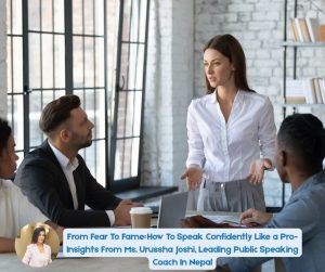 This is the picture of client facing difficulty in speech in meeting with text overlays "Public speaking coach in Nepal"